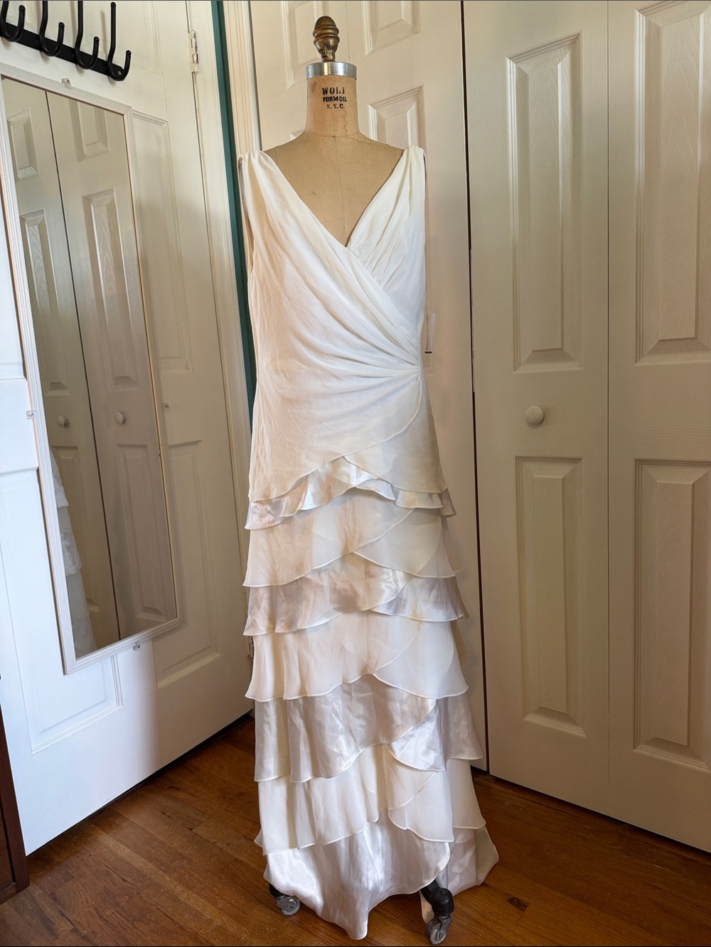 David’s Bridal Elegant White Tiered Silk V-Neck Evening Dress